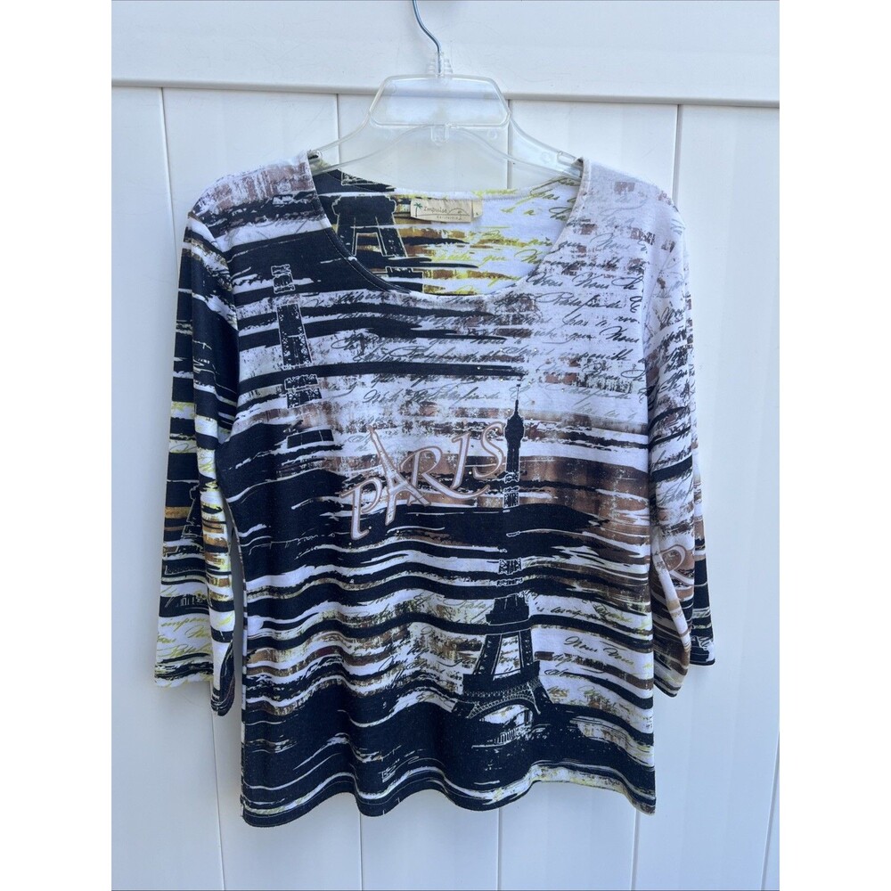 Impulse California Top Womens Large Paris Eiffel Tower Print 3/4 Sleeve
